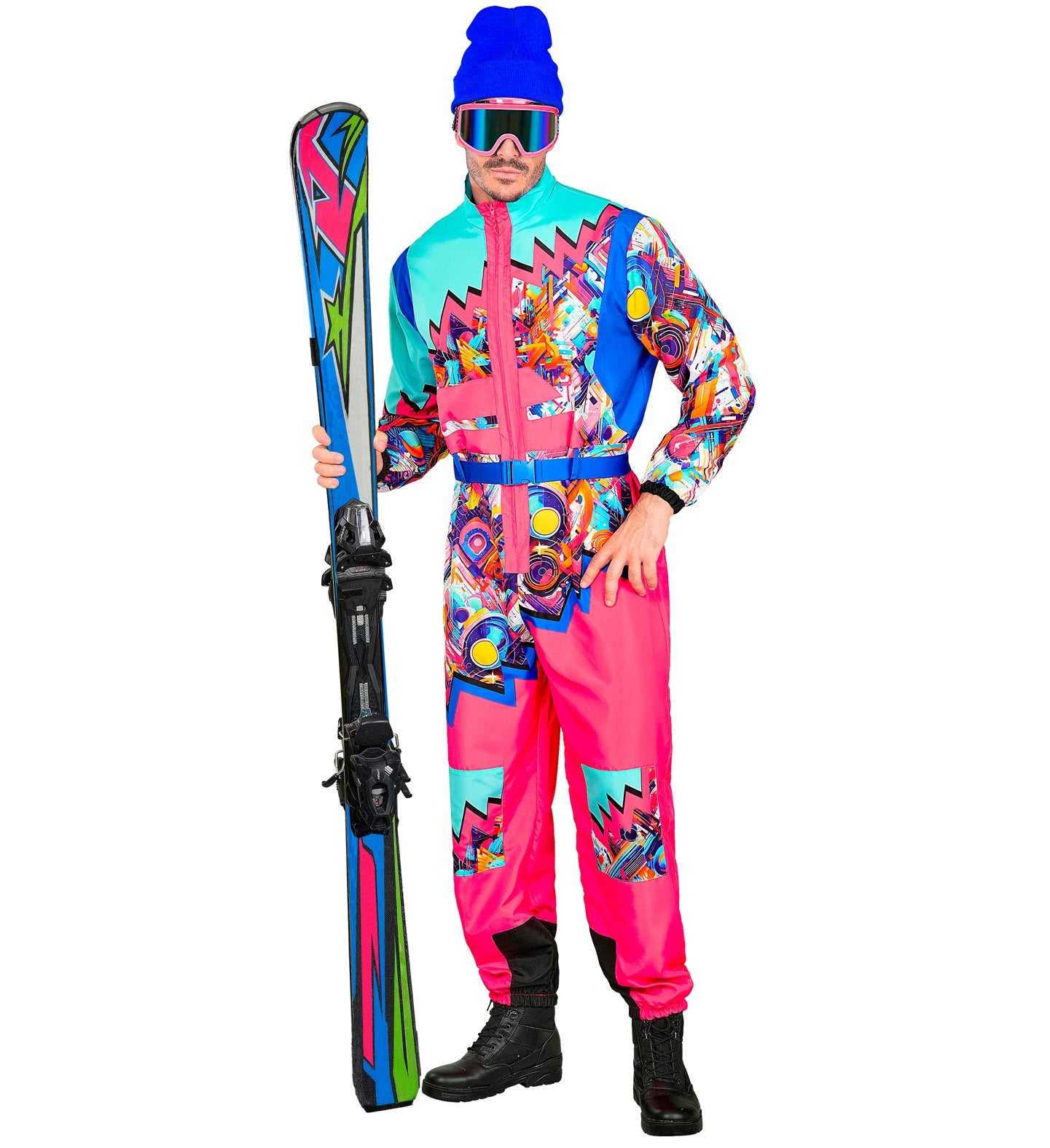 Neon Pink - Blau Snowboarder Unisex Jumpsuit Skianzug mit Overall, Gürtel