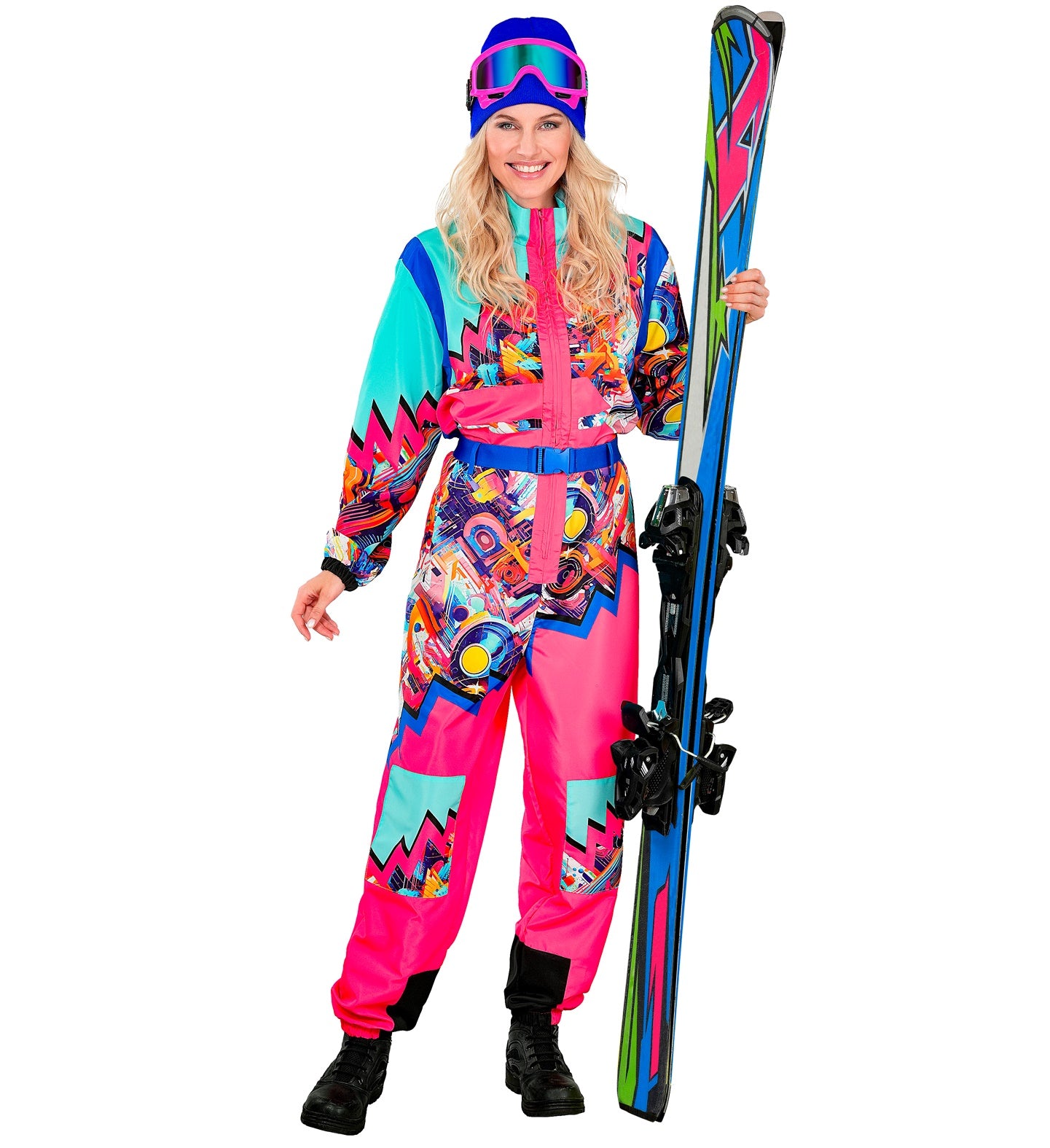 Neon Pink - Blau Snowboarder Unisex Jumpsuit Skianzug mit Overall, Gürtel