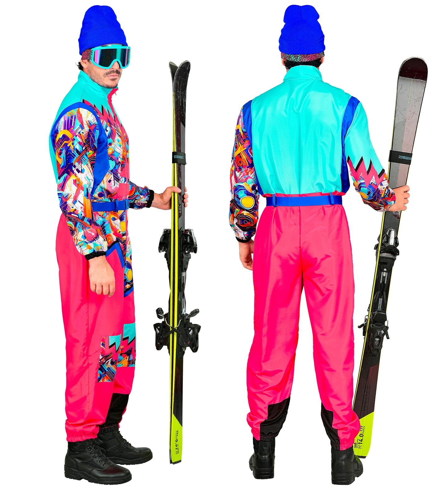 Neon Pink - Blau Snowboarder Unisex Jumpsuit Skianzug mit Overall, Gürtel