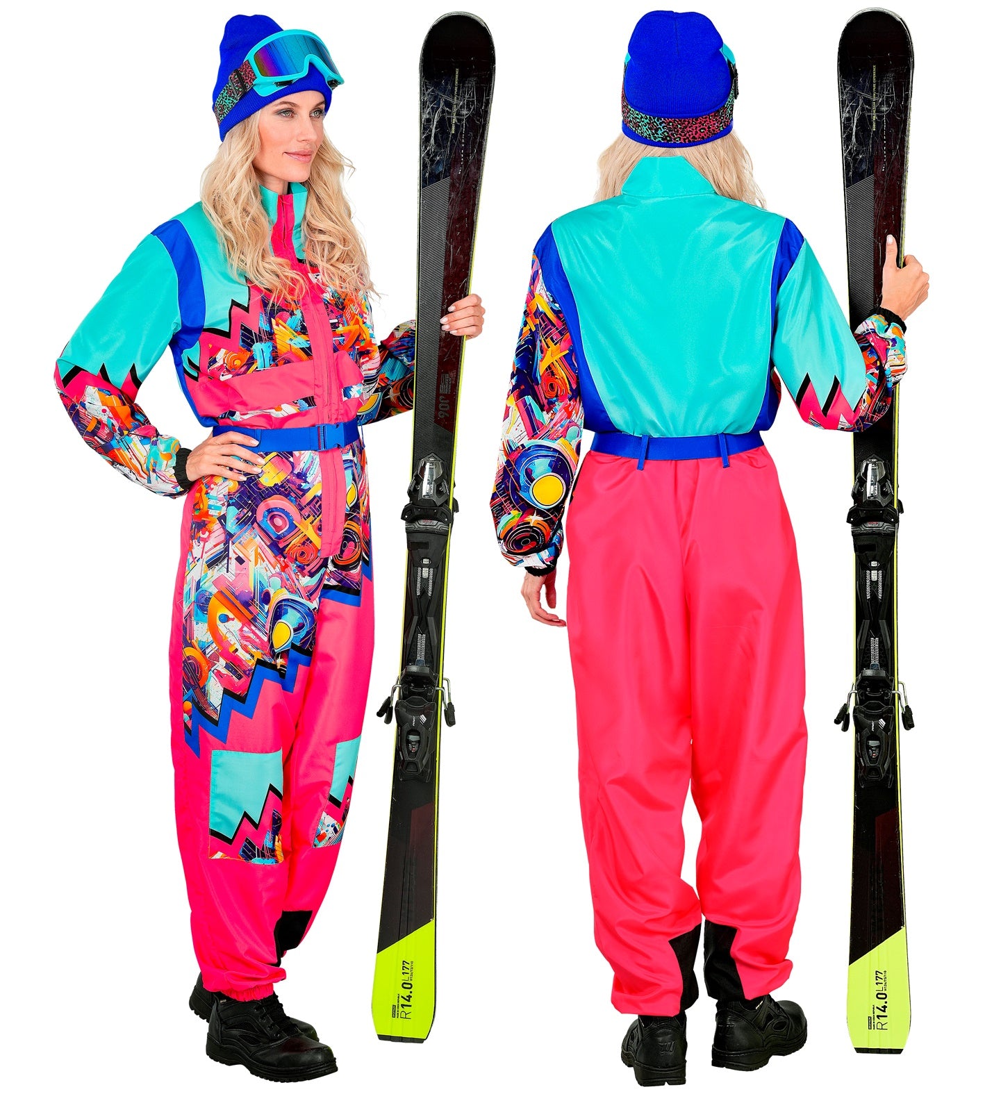 Neon Pink - Blau Snowboarder Unisex Jumpsuit Skianzug mit Overall, Gürtel