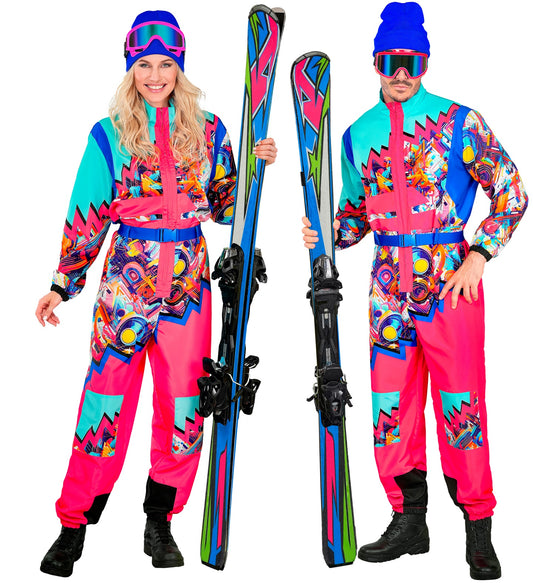 Neon Pink - Blau Snowboarder Unisex Jumpsuit Skianzug mit Overall, Gürtel