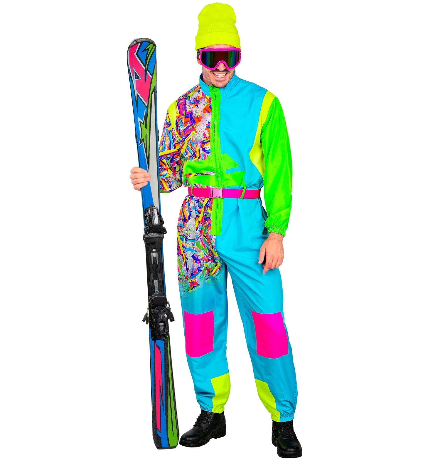 Neon Snowboarder Unisex Jumpsuit Skianzug Hellblau - Grün mit Overall, Gürtel