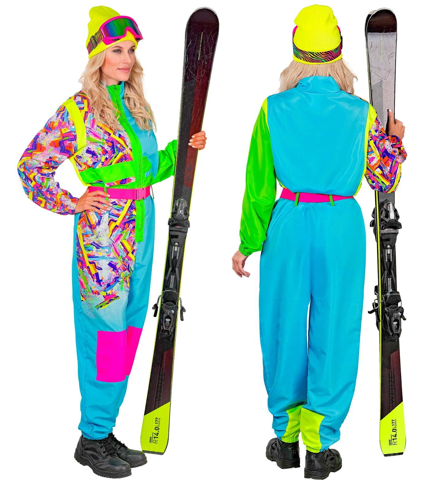 Neon Snowboarder Unisex Jumpsuit Skianzug Hellblau - Grün mit Overall, Gürtel