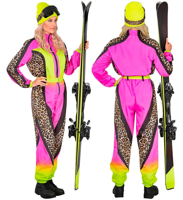 Skianzug im Leopardenmuster Neon Pink-Gelb mit Gürtel für Fasnacht