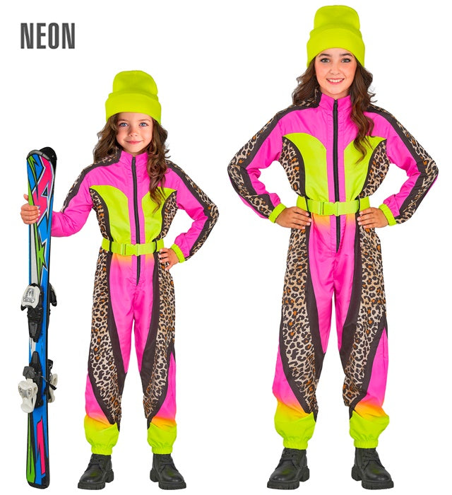 Neon pink-gelber Skianzug im Leopardenmuster mit Gürtel als Fasnachtskostüm