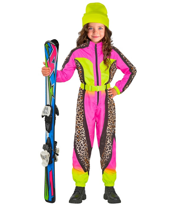 Neon pink-gelber Skianzug im Leopardenmuster mit Gürtel als Fasnachtskostüm