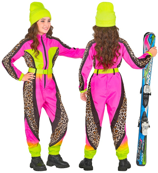 Neon pink-gelber Skianzug im Leopardenmuster mit Gürtel als Fasnachtskostüm