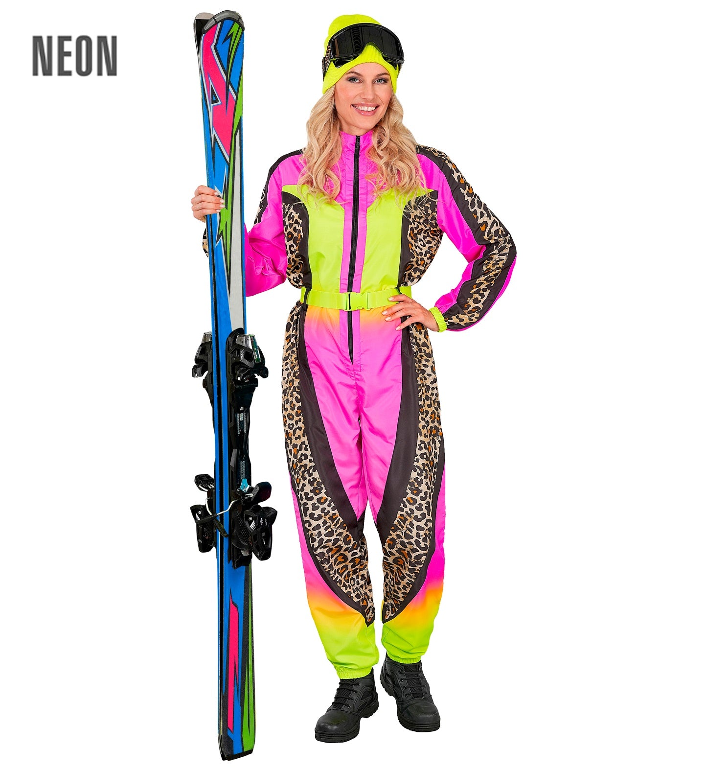 Neon Pink/Gelb Zebramuster Snowboarder Unisex Jumpsuit Skianzug mit Overall, Gürtel