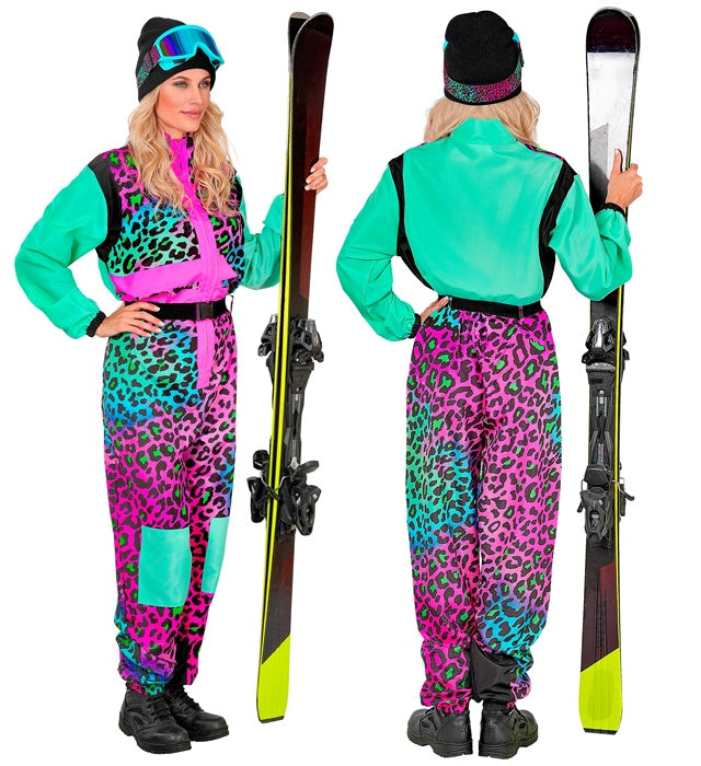 Bunter Skianzug mit Leopardenmuster und Gürtel – Fasnacht Kostüm Overall