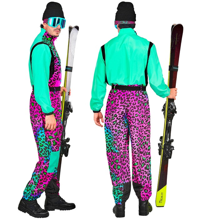 Bunter Skianzug mit Leopardenmuster und Gürtel – Fasnacht Kostüm Overall