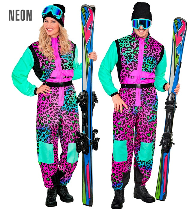Bunter Skianzug mit Leopardenmuster und Gürtel – Fasnacht Kostüm Overall