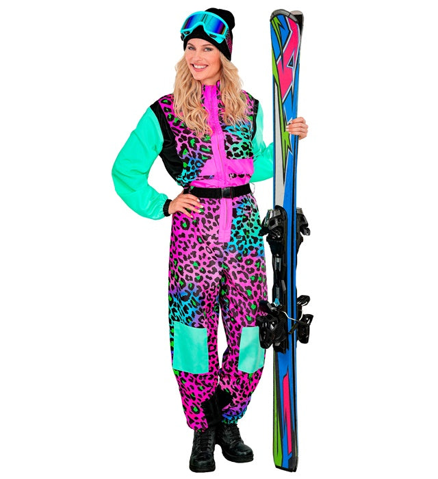 Bunter Skianzug mit Leopardenmuster und Gürtel – Fasnacht Kostüm Overall