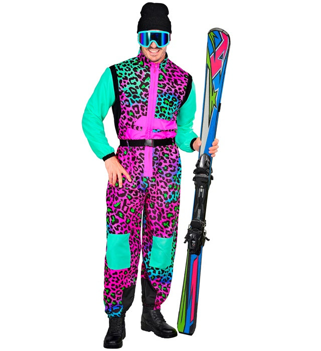 Bunter Skianzug mit Leopardenmuster und Gürtel – Fasnacht Kostüm Overall