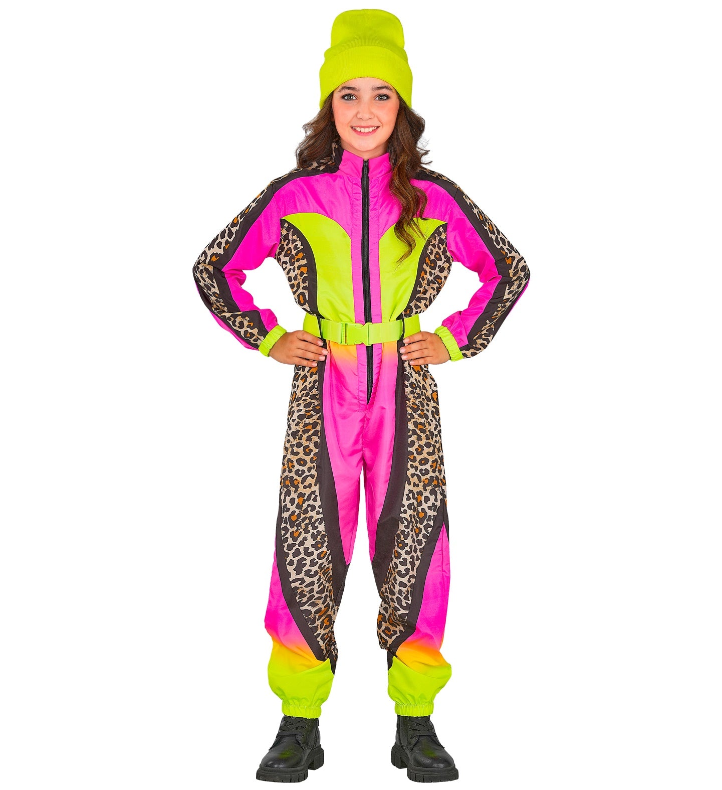 Neon Pink  Leopardenmuster Snowboarder Unisex Jumpsuit Skianzug  für Kinder mit Overall, Gürtel