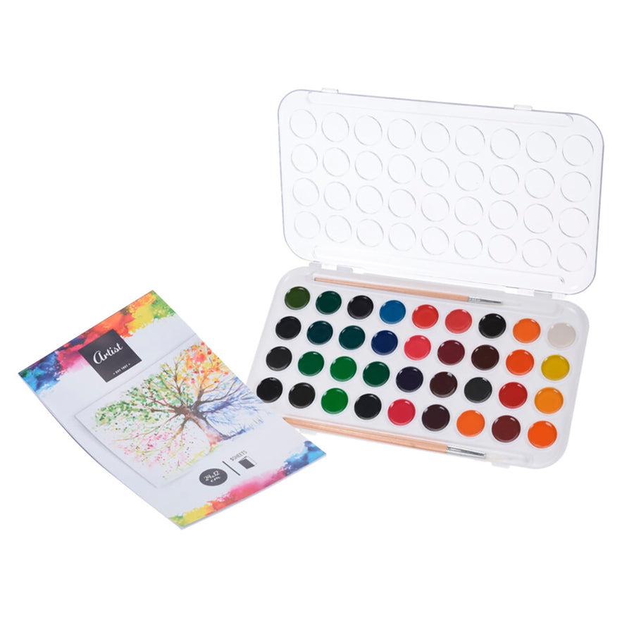 BigBuy School Wasserfarben-Set Artist mit 36 Farben, 2 Pinseln und Aquarell-Papier