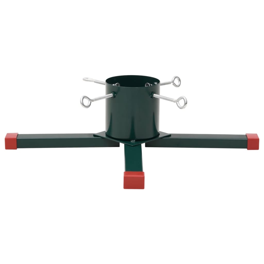 Grün-roter Weihnachtsbaumständer aus Metall und Kunststoff mit integriertem Wasserbehälter.