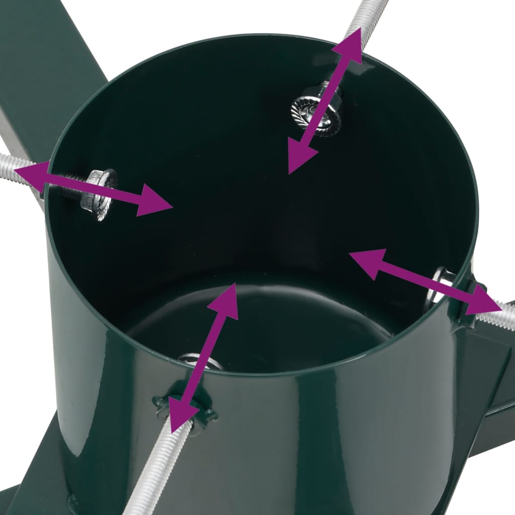 Grüner und roter Weihnachtsbaumständer aus Metall und Kunststoff mit Kreuzfuß und Wasserbehälter.