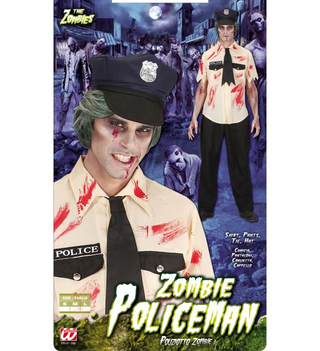 Zombie Polizist Kostüm mit blutigem Hemd, Hose, zerfetzter Krawatte und Polizistenhut