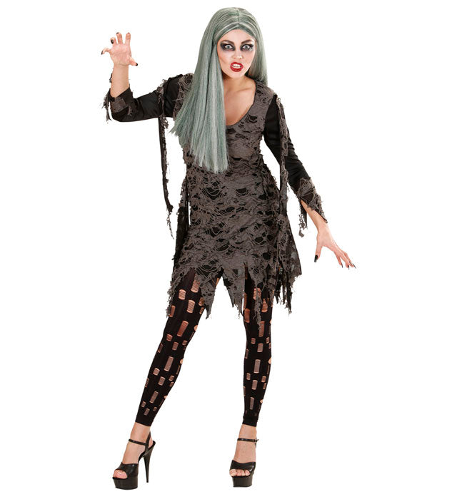 Zombie-Kostüm mit zerfetztem Kleid und Leggings für Fasnacht