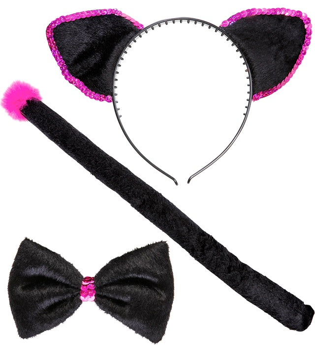Katzen-Kostümset mit Ohren, Fliege und Schwanz für Fasnacht und Mottoparty
