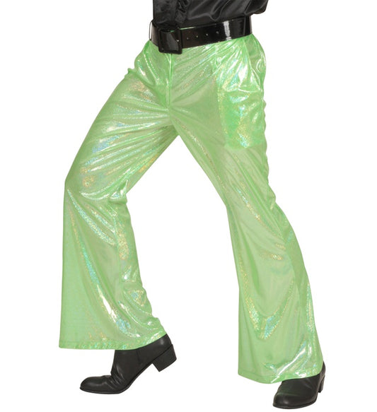 Grüne Hose aus holographischem Stoff mit schillerndem Effekt