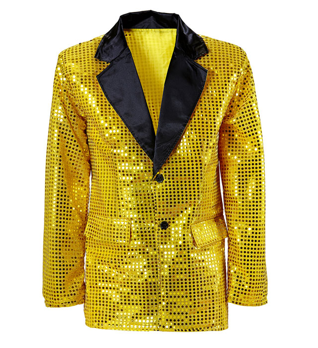Goldene Paillettenjacke mit Satin-Kragen auf weißem Hintergrund