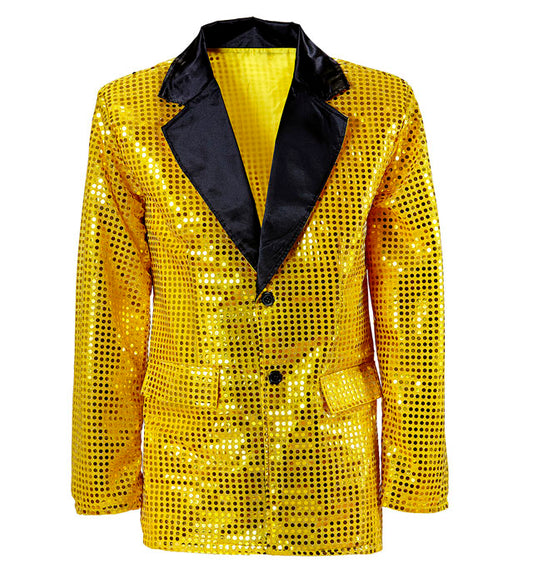 Goldene Paillettenjacke mit Satin-Kragen auf weißem Hintergrund