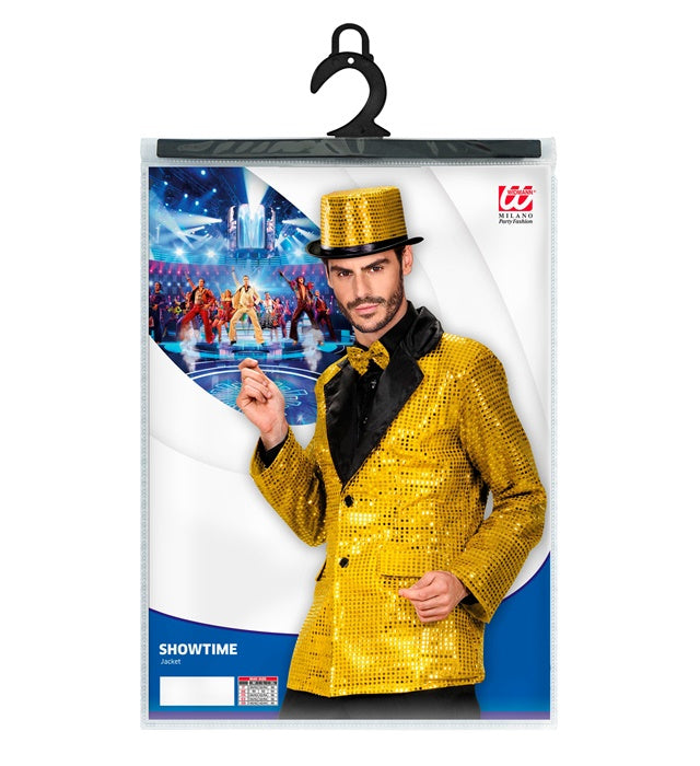 Goldene Paillettenjacke mit Satin-Kragen auf weißem Hintergrund
