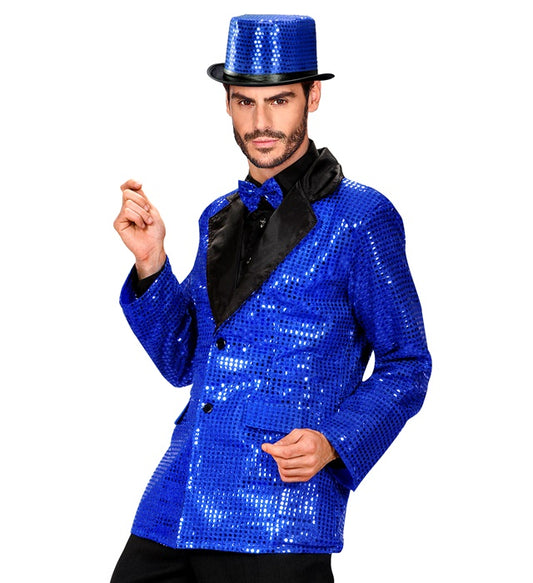 Blaue Paillettenjacke mit elegantem Satin-Kragen auf weißem Hintergrund