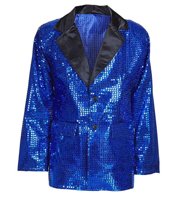 Blaue Paillettenjacke mit elegantem Satin-Kragen auf weißem Hintergrund