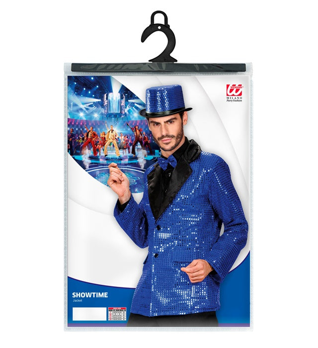 Blaue Paillettenjacke mit elegantem Satin-Kragen auf weißem Hintergrund