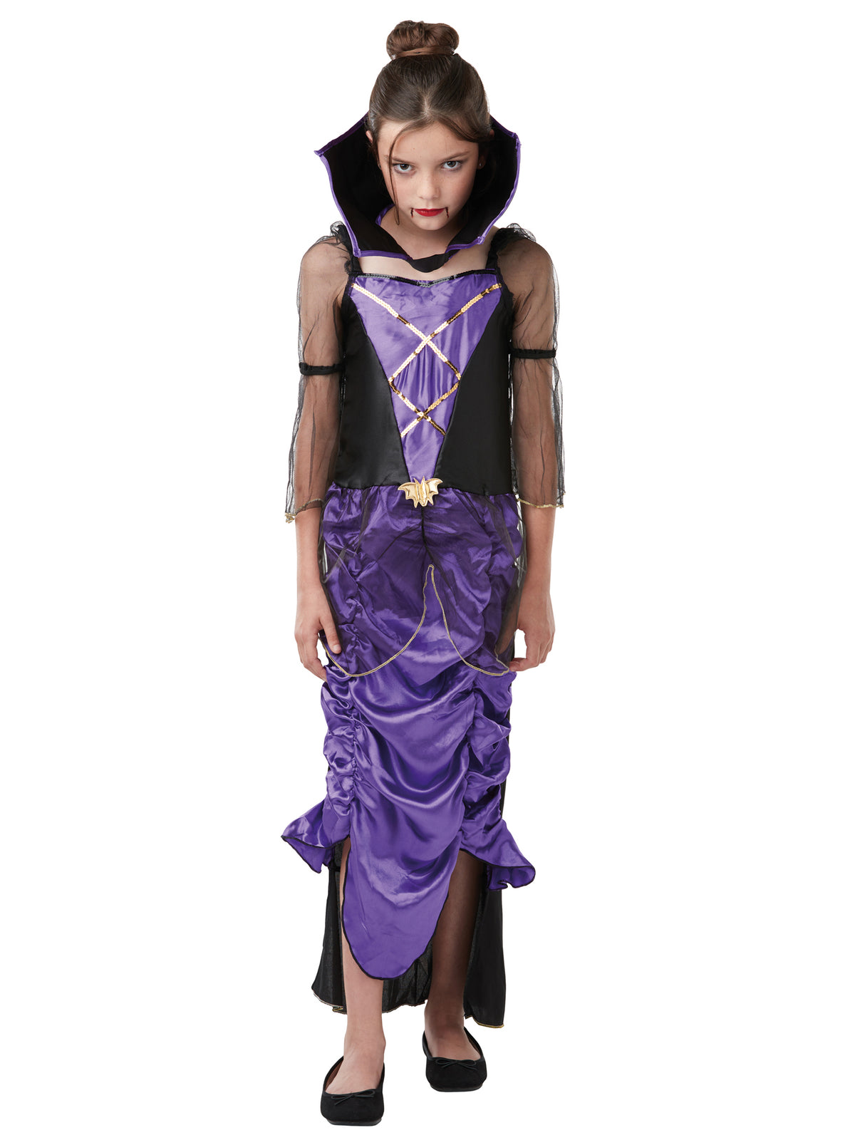 Rubies Gothic-Vampirin-Kinderkostüm für Mädchen mit Kleid und Samtkragen – Detailansicht