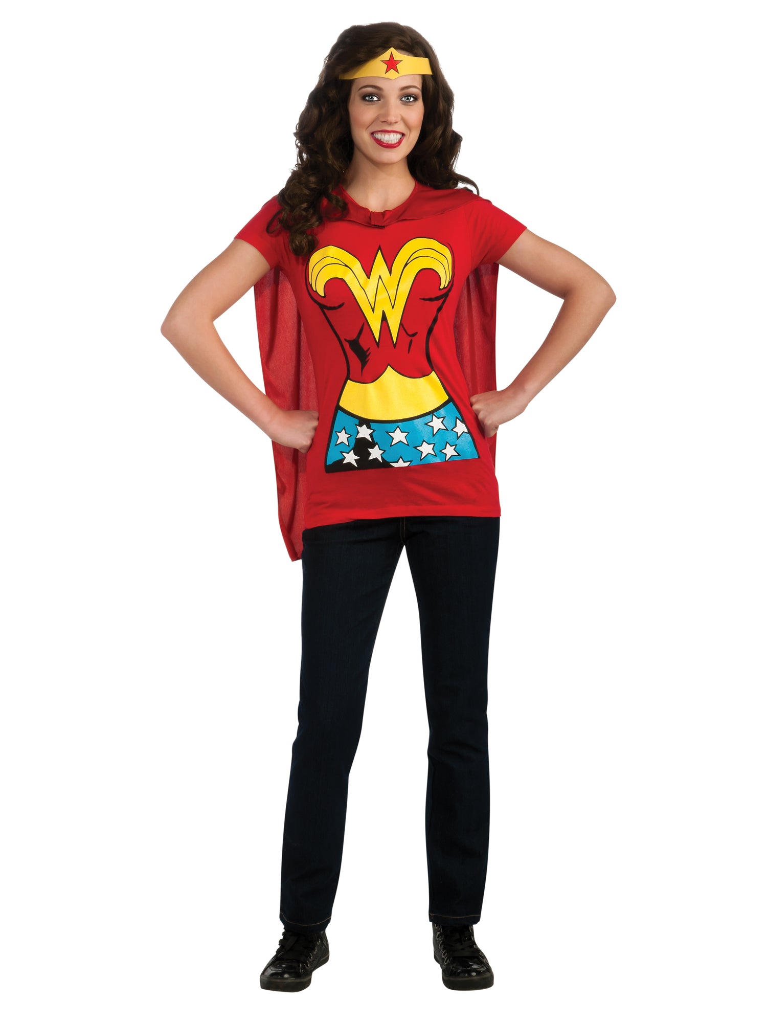 Wonder Woman T-Shirt-Kostüm für Damen von Rubies mit Headpiece und abnehmbarem Umhang