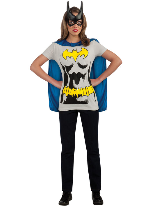 Rubies Batgirl T-Shirt-Kostüm für Damen mit Maske und abnehmbarem Umhang – Produktansicht