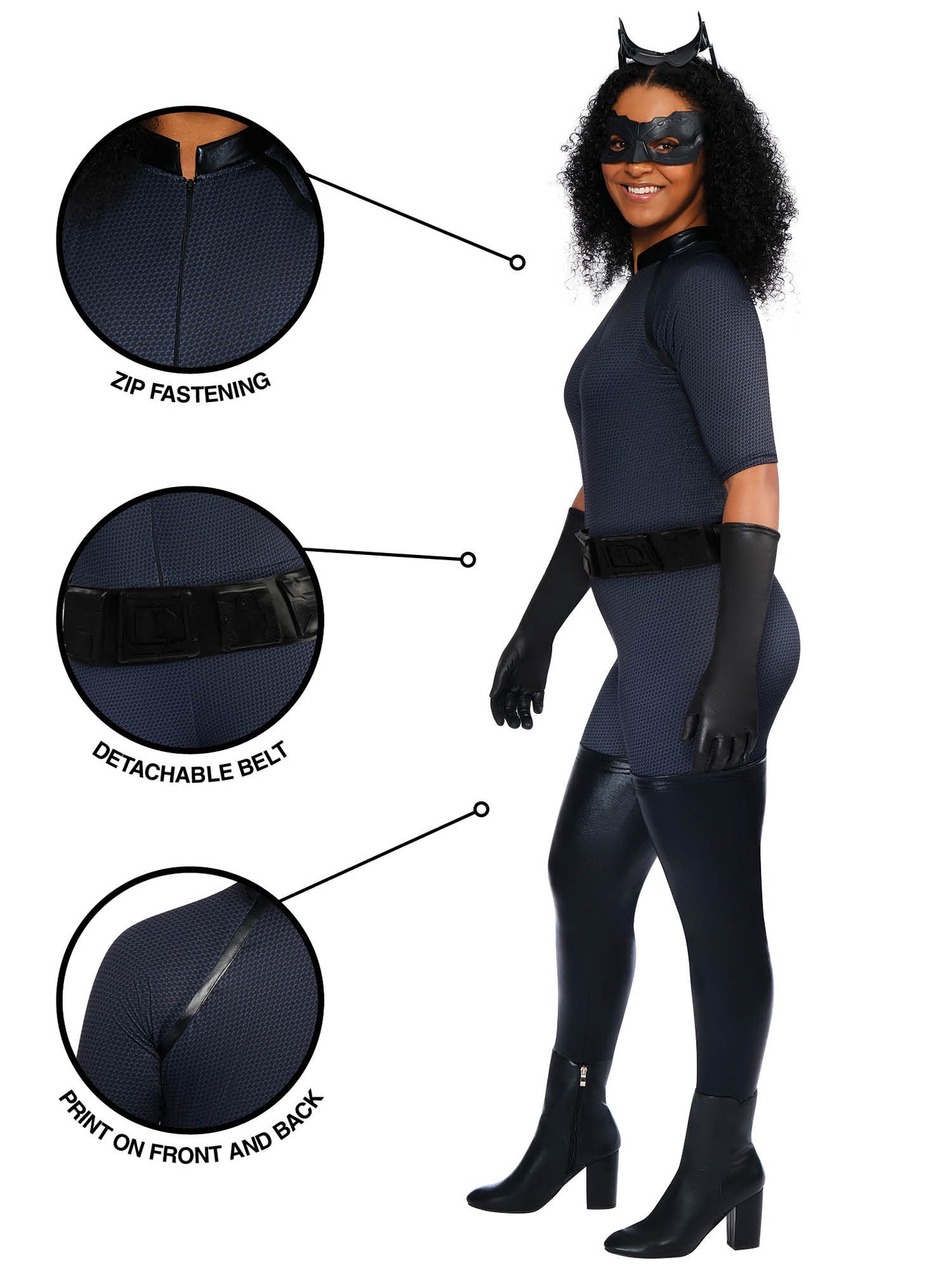 Rubies Catwoman Kostüm für Damen mit Overall, Maske und Gürtel – Rückansicht