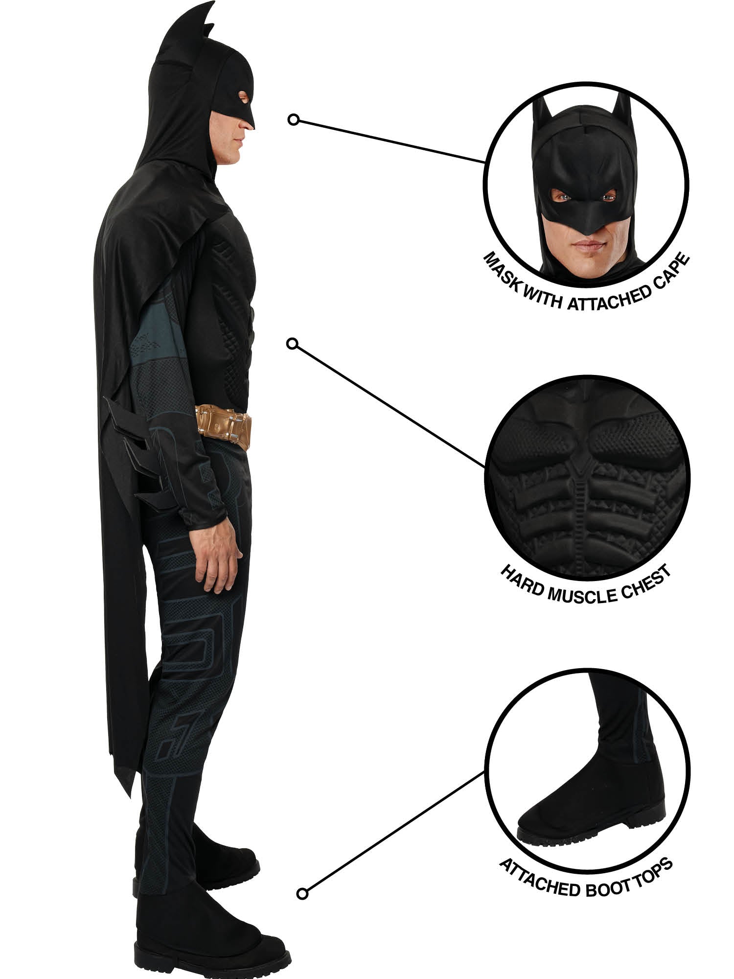 Rubies Batman Deluxe Kostüm für Herren mit Overall, Umhang und Gürtel – Seitenansicht