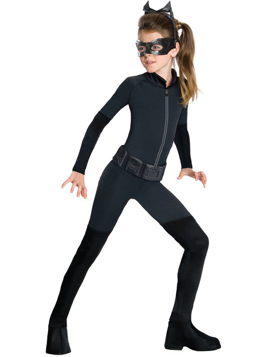 Catwoman Kinderkostüm für Mädchen von Rubies mit Overall, Gürtel, Augenmaske und Kopfschmuck