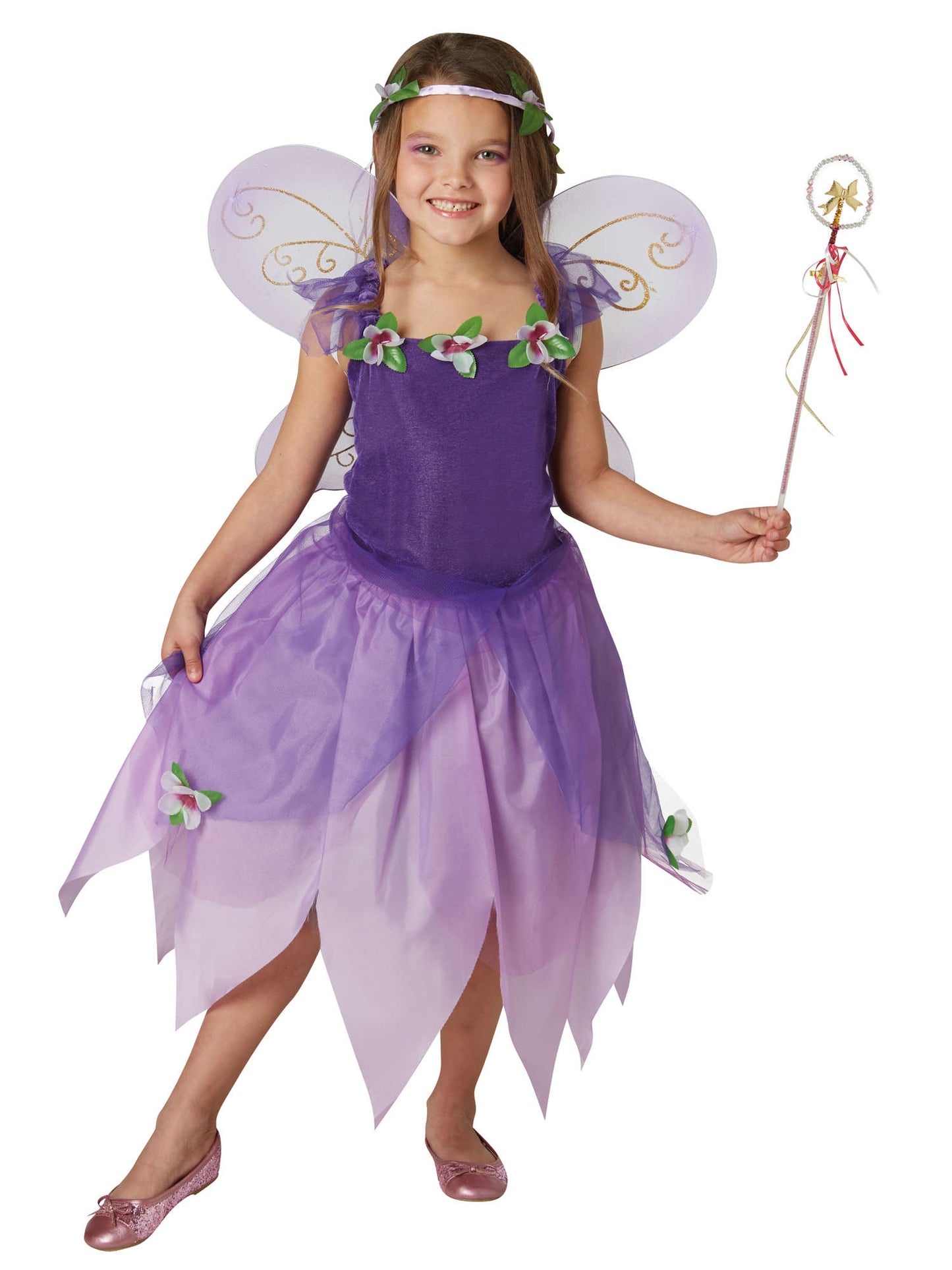Rubies Fairy Plum Pixie Kinderkostüm für Mädchen mit Kleid, Flügeln, Kopfschmuck und Zauberstab – Produktansicht