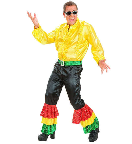 Schwarze Samthose mit holographischen Pailletten und grünem Samtgürtel mit silberner Schnalle