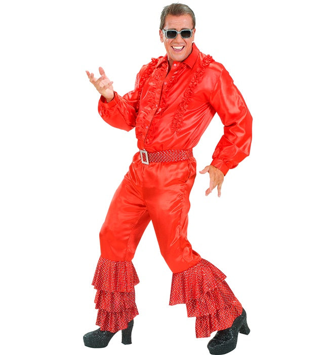 Rote Samthose mit holographischen Pailletten und weißem Samtgürtel mit silberner Schnalle