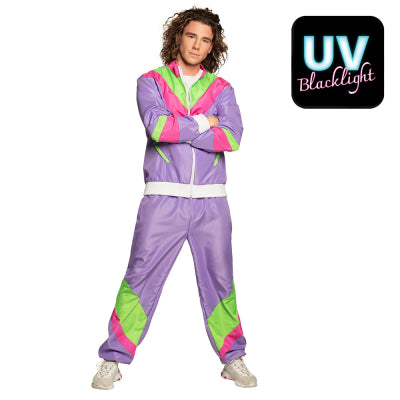 Boland Herrenkostüm Retro-80er-Jogginganzug für Herren violett mit Neonstreifen XXL