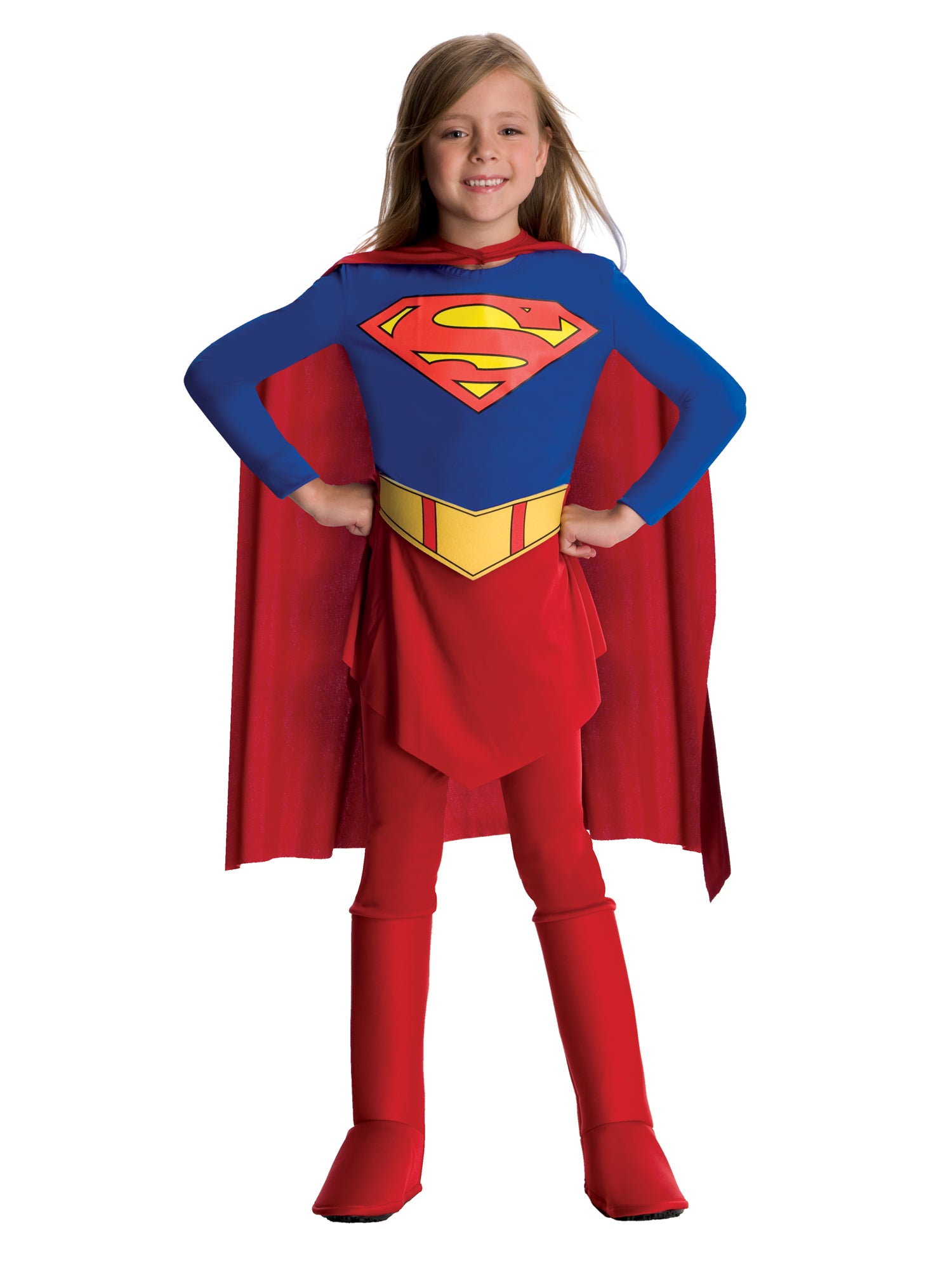 Rubies Supergirl Deluxe Kinderkostüm für Mädchen mit Overall, Rock, Gürtel und Umhang – Produktansicht