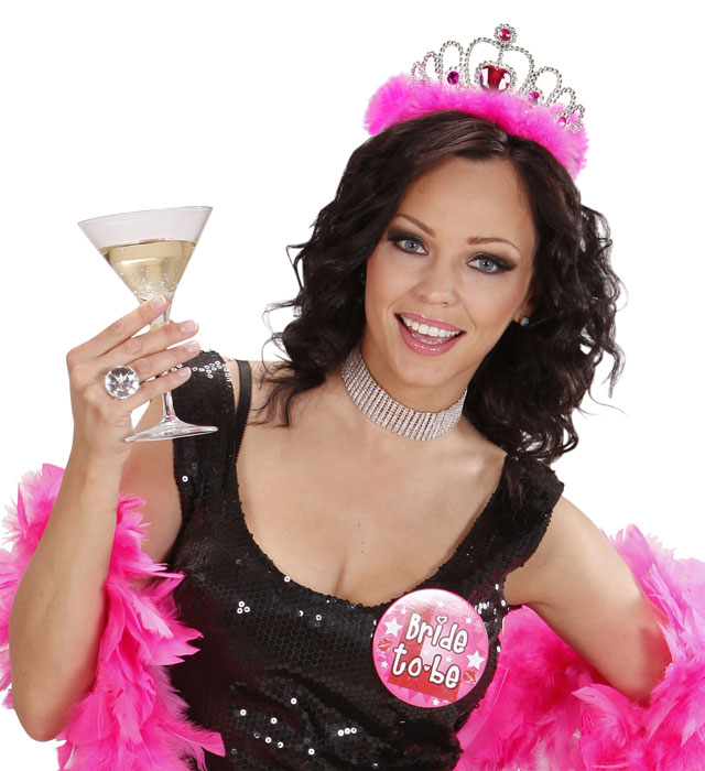 Diadem Girls Night Out mit pinken Juwelen und pinken Marabou-Federn auf hellem Hintergrund