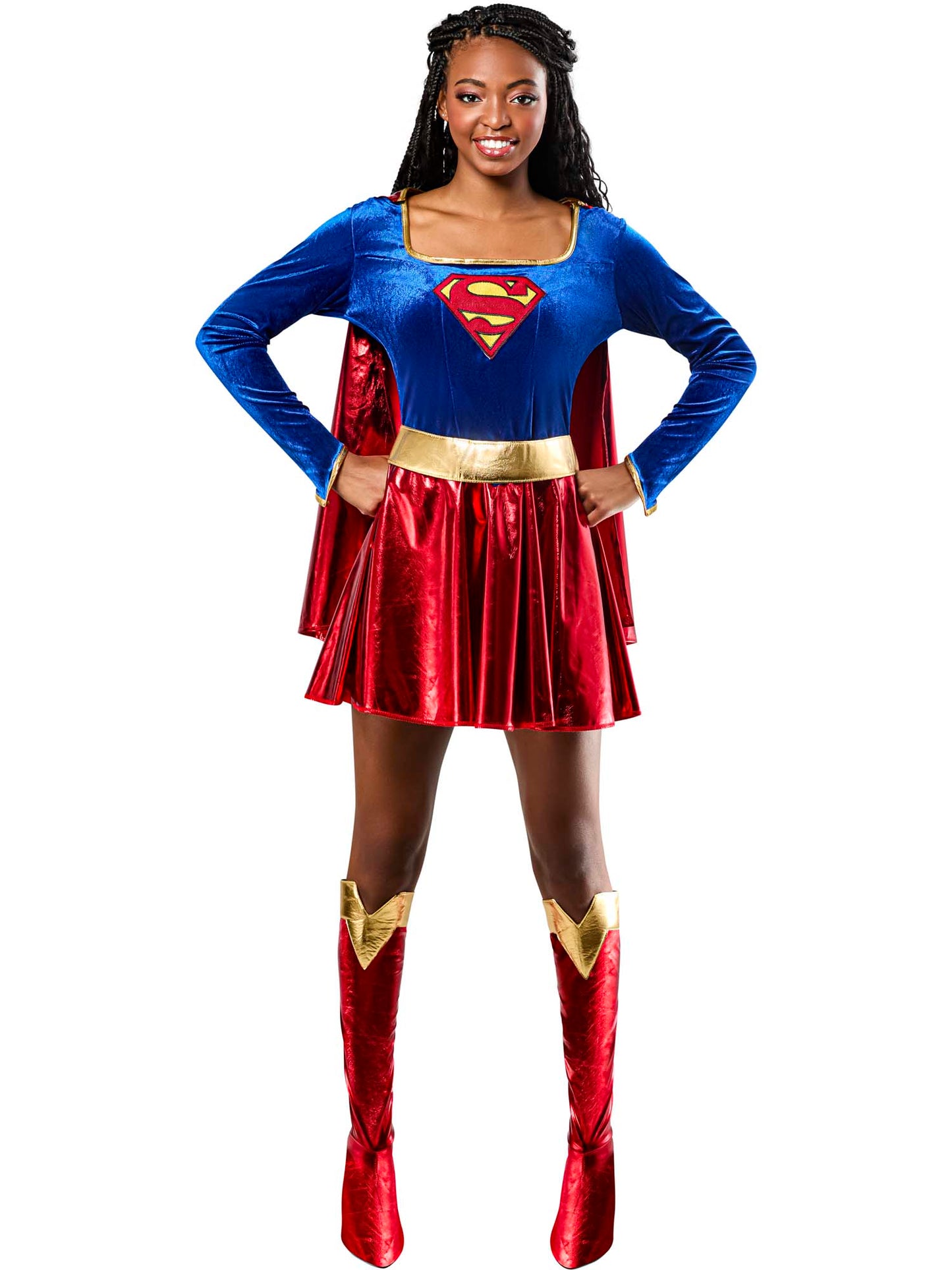 Rubies Supergirl Kostüm für erwachsene Damen mit Kleid, Umhang, Gürtel und Stiefelstulpen