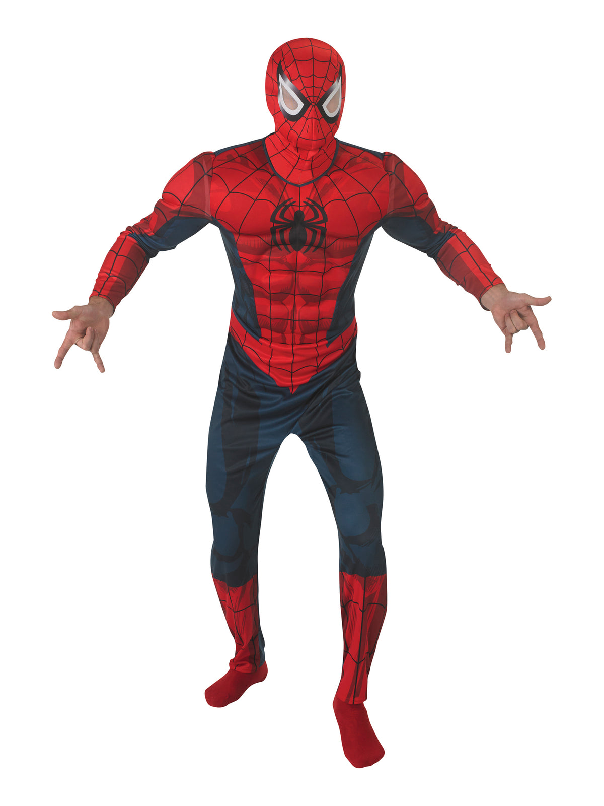 Rubies Spider-Man Kostüm für Herren mit 3D-Muskelbrust-Overall und Snood – Produktansicht