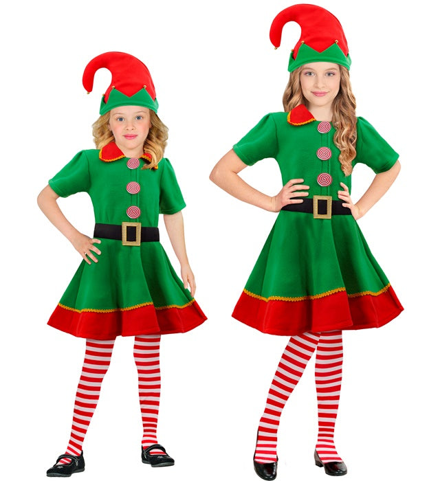 Elf-Kostüm mit grün-rotem Kleid, spitzem Hut und Überkniestrümpfen für Fasnacht und Weihnachten