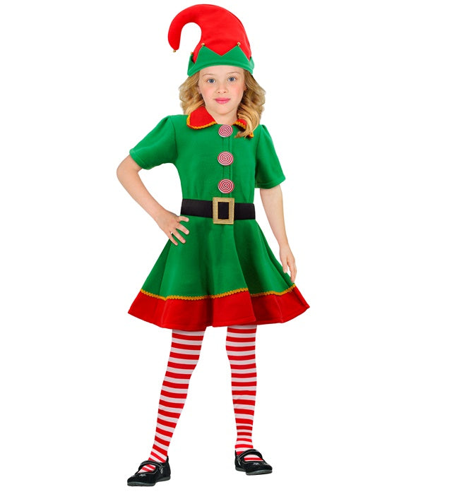 Elf-Kostüm mit grün-rotem Kleid, spitzem Hut und Überkniestrümpfen für Fasnacht und Weihnachten