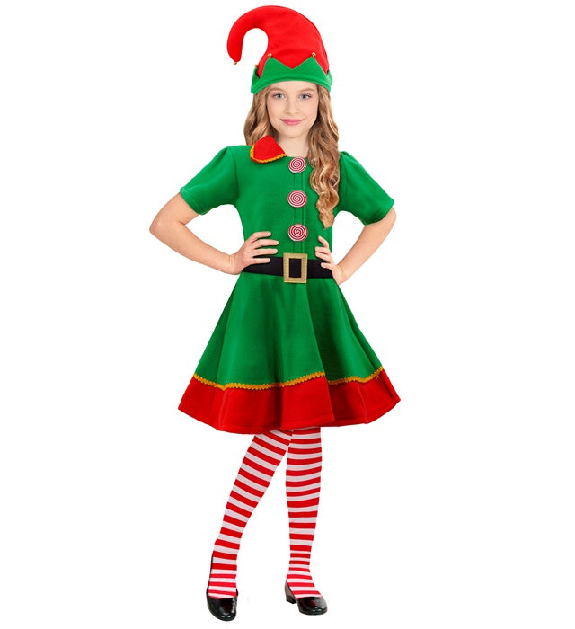Elf-Kostüm mit grün-rotem Kleid, spitzem Hut und Überkniestrümpfen für Fasnacht und Weihnachten