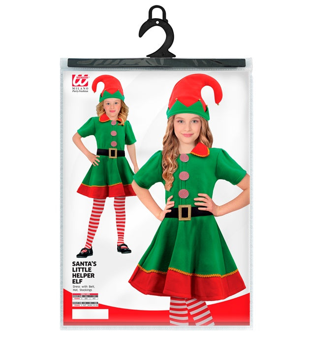 Elf-Kostüm mit grün-rotem Kleid, spitzem Hut und Überkniestrümpfen für Fasnacht und Weihnachten