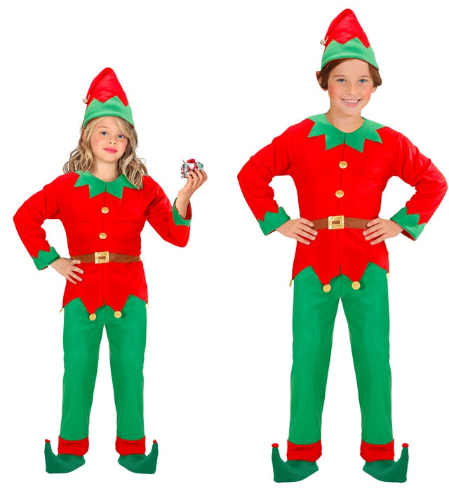 Elf-Kostüm Set mit grünem Mantel, Hose und spitzem Hut auf weißem Hintergrund